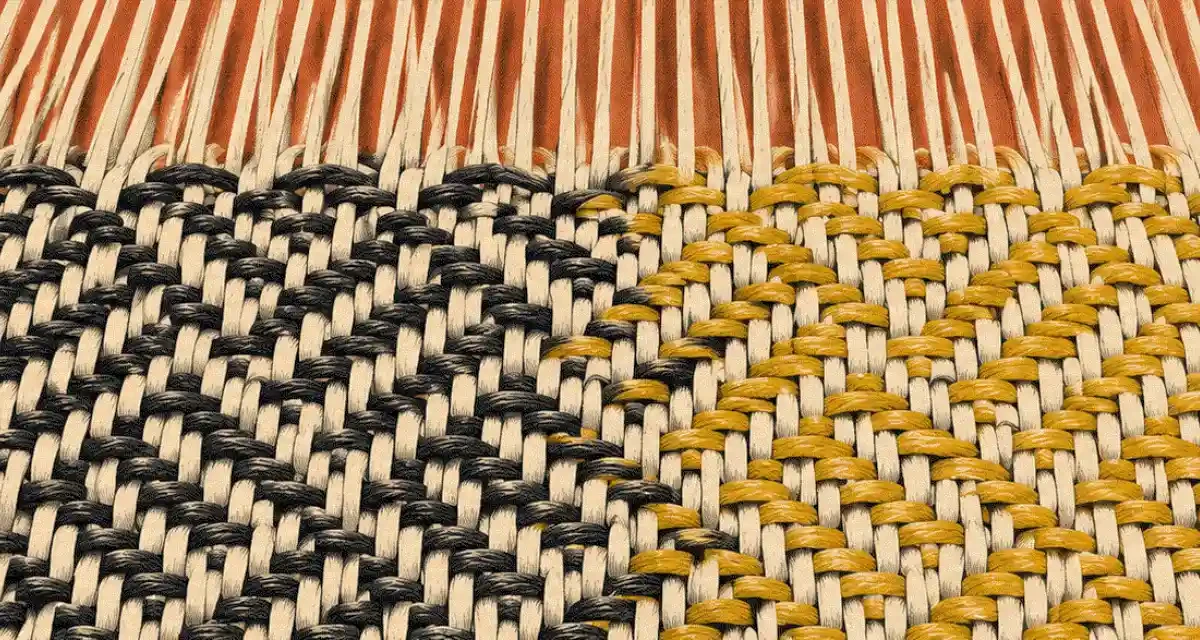 Close-up of a woven mat with two different weave patterns, black and yellow, sharing the same warp threads