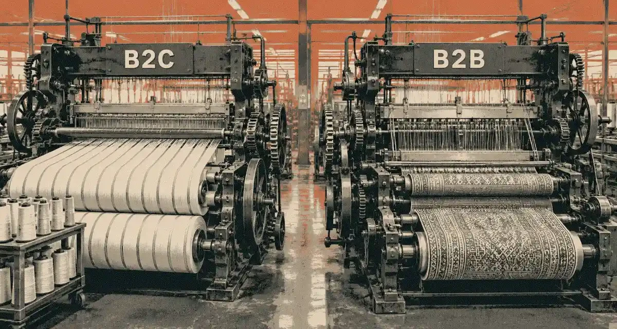 Two industrial looms labelled B2C and B2B: the B2C loom weaves plain fabric while the B2B loom weaves an intricate patterned fabric