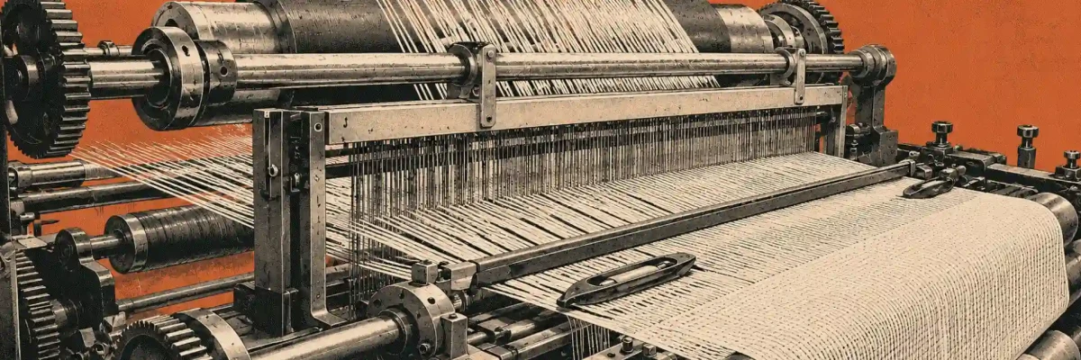 A single industrial loom weaving one continuous wide cloth, illustrating one shared platform for B2B and B2C
