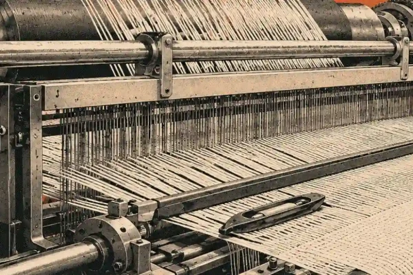 A single industrial loom weaving one continuous wide cloth, illustrating one shared platform for B2B and B2C