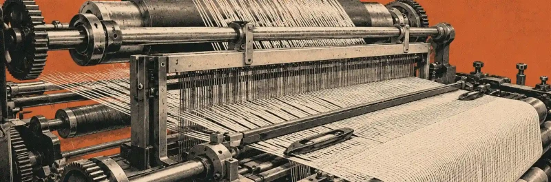 A single industrial loom weaving one continuous wide cloth, illustrating one shared platform for B2B and B2C