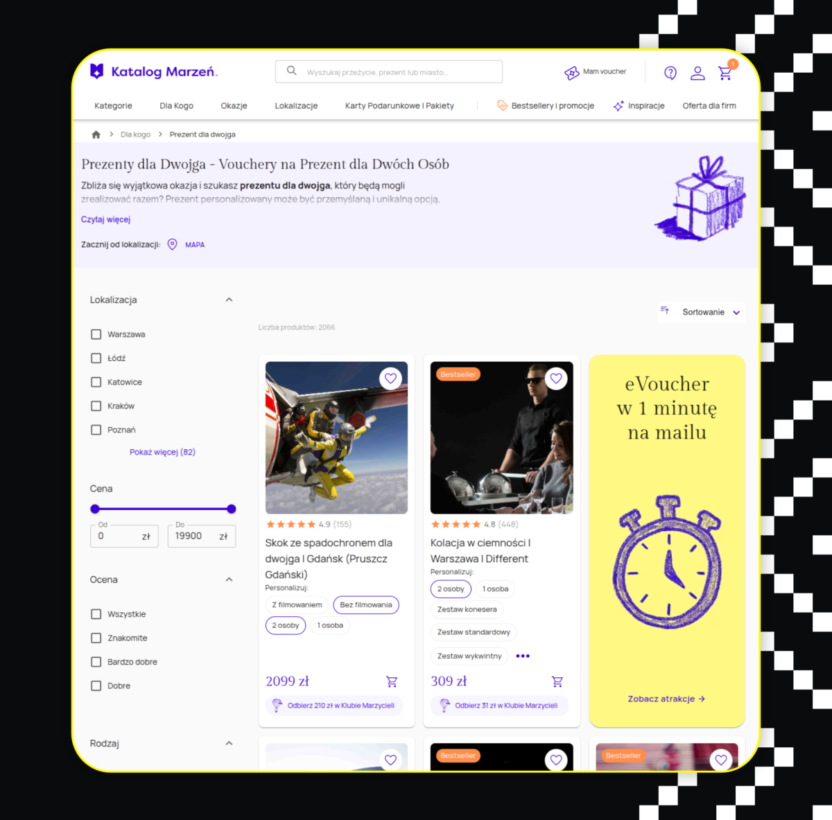 Experience listing with filtering and search in Katalog Marzeń