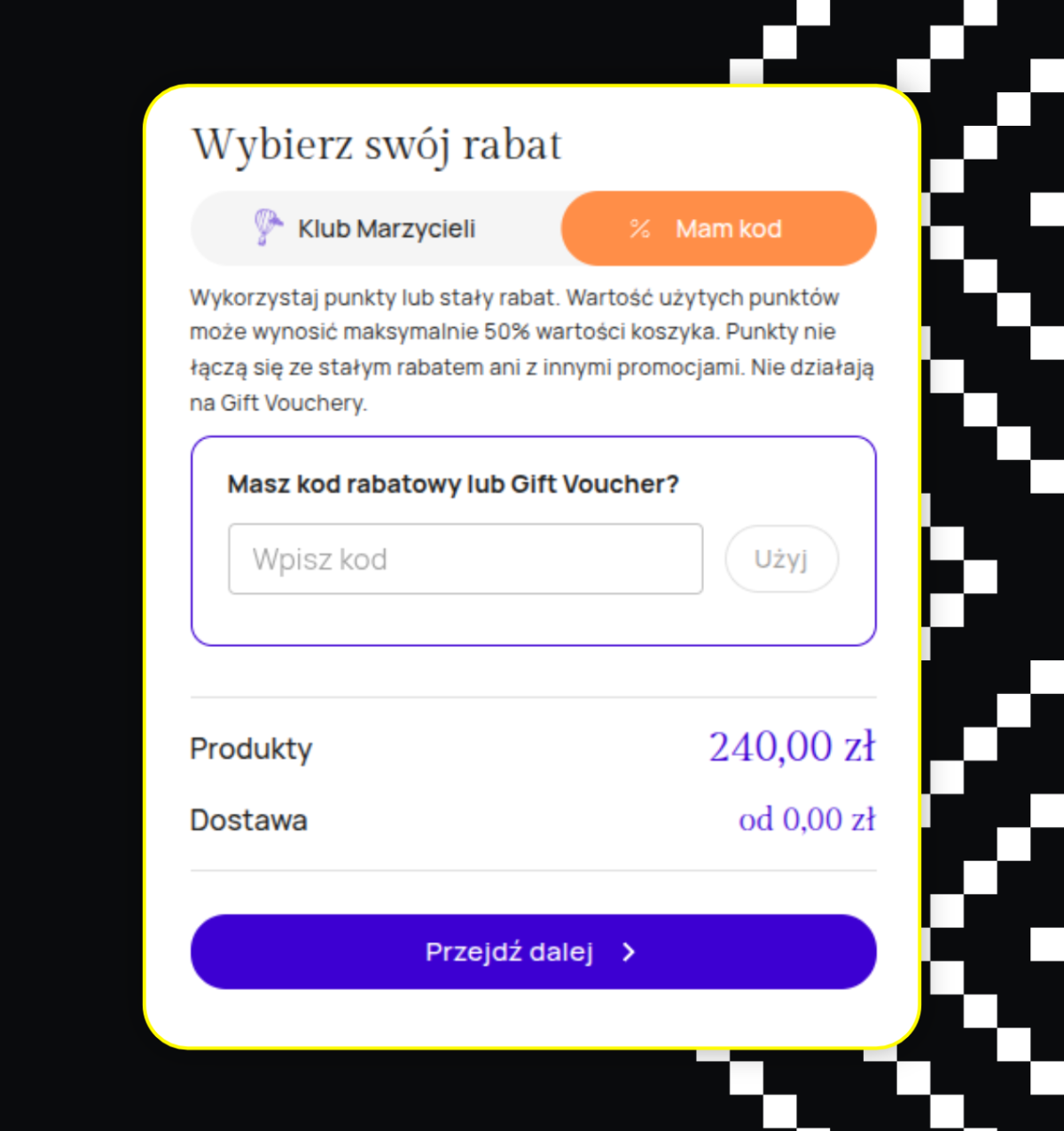 Discount code or gift voucher input in the Katalog Marzeń checkout