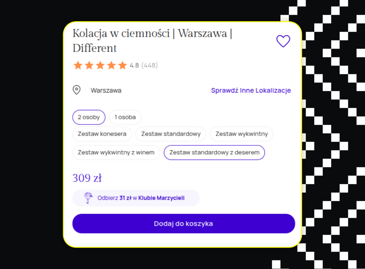 Product card with experience configuration in Katalog Marzeń