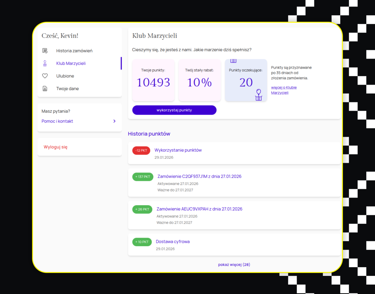 Customer dashboard of the Dreamers Club loyalty program