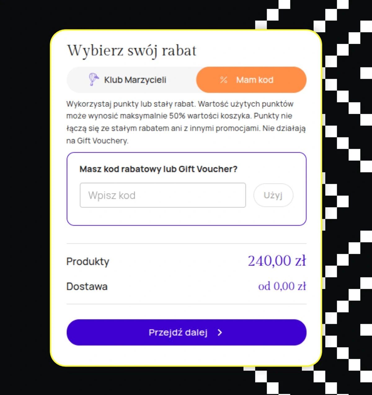 Pole na kod rabatowy lub gift voucher w checkoutcie Katalogu Marzeń