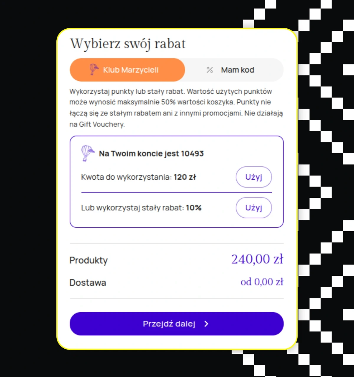 Wybór rabatu z programu lojalnościowego w checkoutcie Katalogu Marzeń