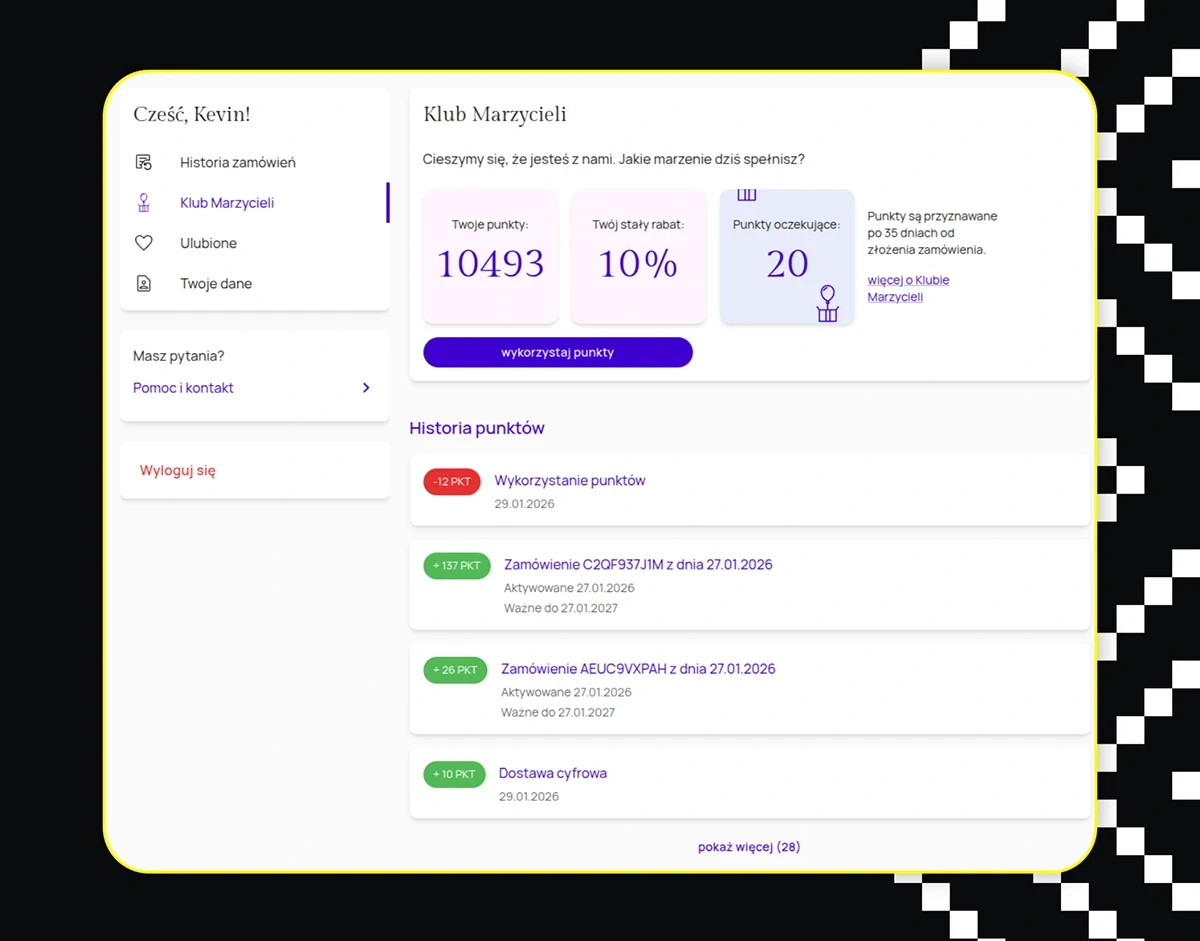 Customer dashboard of the Dreamers Club loyalty program