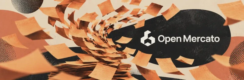 A whirlwind of sticky notes with accounting processes around the Open Mercato logo
