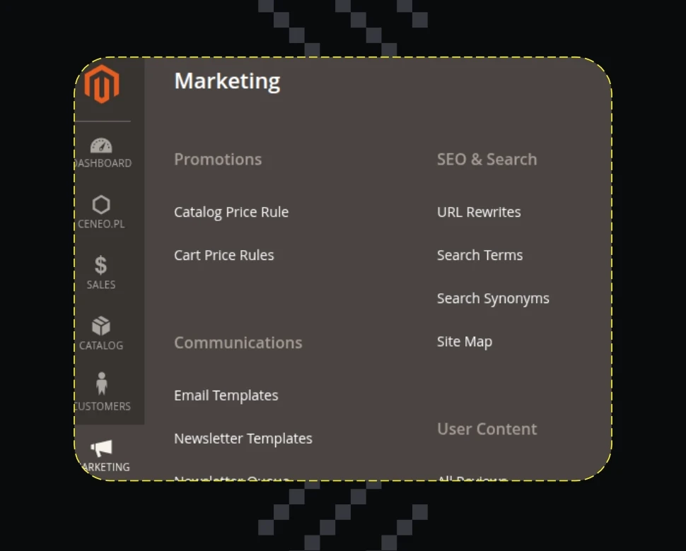 Menu Marketing w panelu Magento z sekcją SEO & Search: URL Rewrites, Search Terms i Site Map