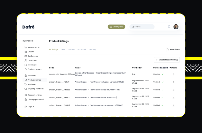 Screenshoty z Dafre – akceleratora wdrożeniowego marketplace opartego o Sylius Plus