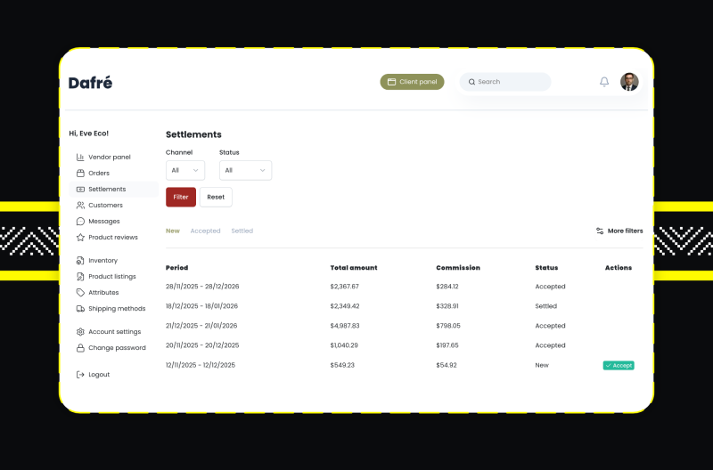 Screenshoty z Dafre – akceleratora wdrożeniowego marketplace opartego o Sylius Plus