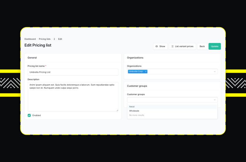 Screenshoty z Elesto – akceleratora wdrożeniowego B2B opartego o Sylius Plus