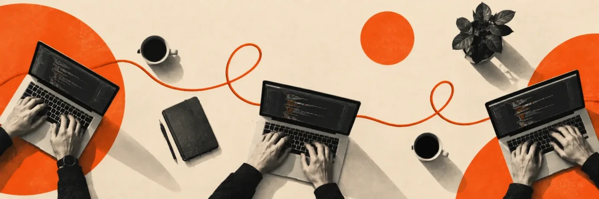 Open Mercato hackathon - three people writing code on laptops at a shared table
