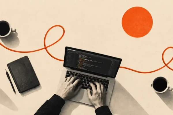 Open Mercato hackathon - three people writing code on laptops at a shared table