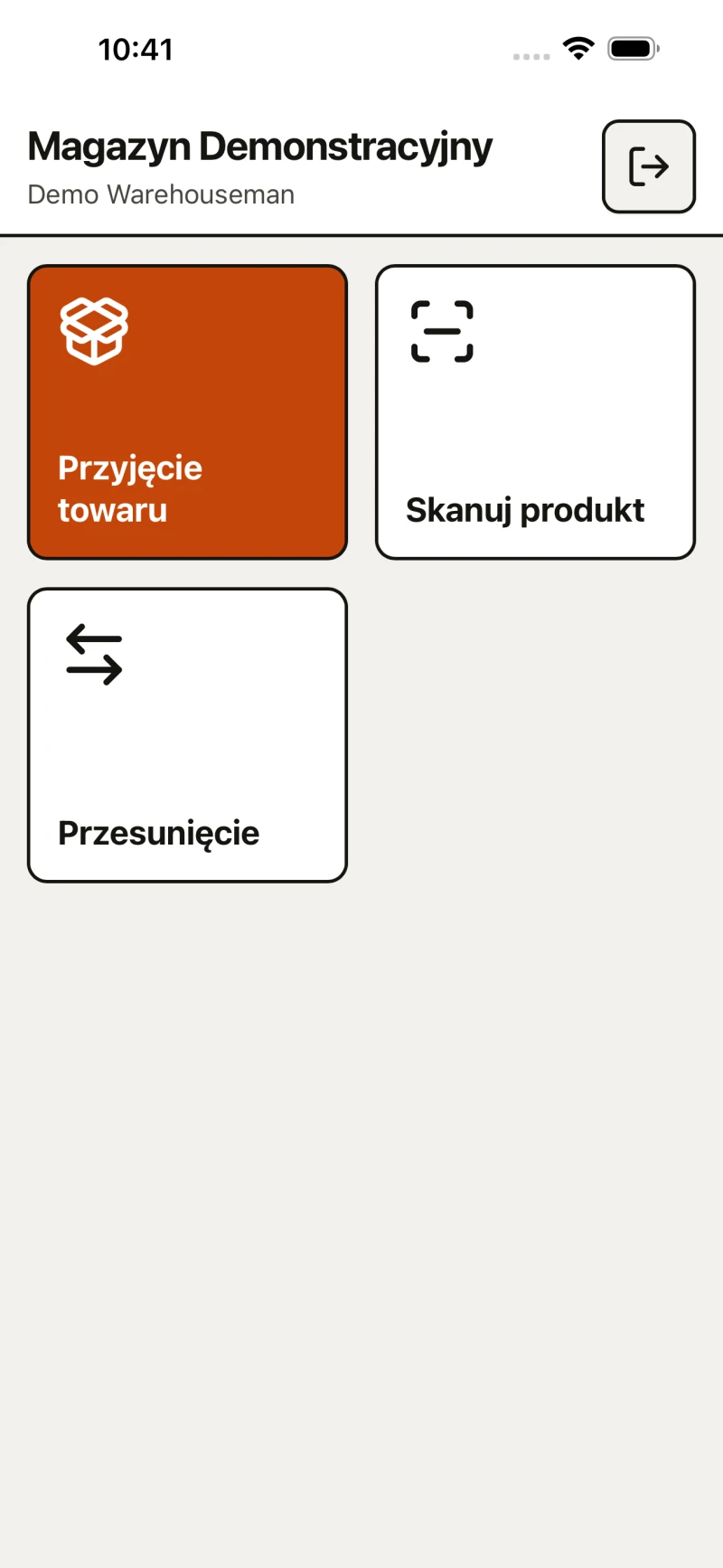 Warehouse operator panel on Open Mercato - home screen with goods receipt, product scanning and stock transfer