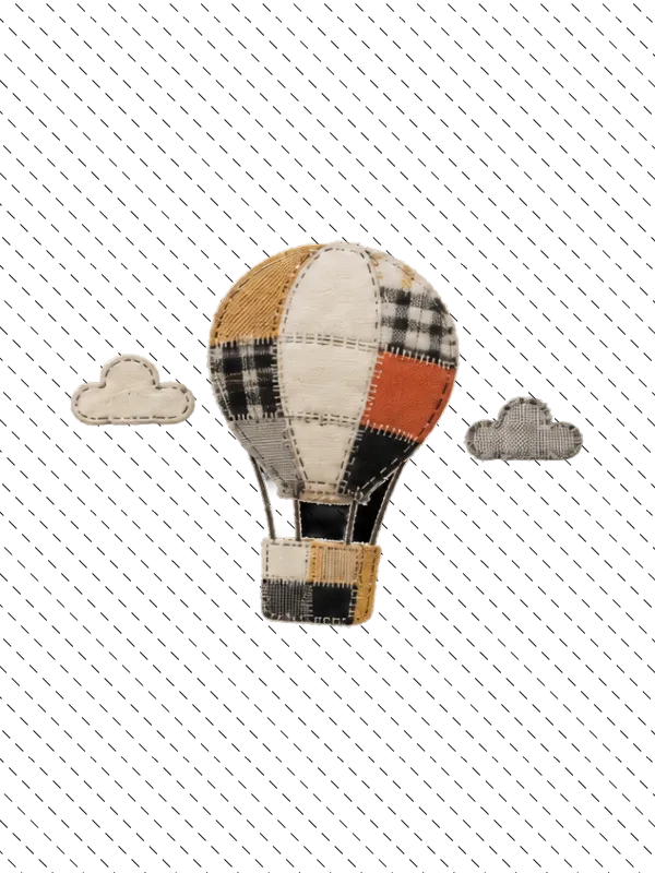 Patchwork-fabric hot-air balloon drifting freely among clouds - full code ownership and no vendor lock-in